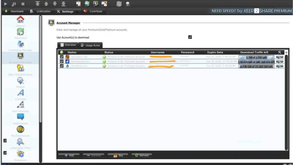 JDownloader 2 Account Manager interface screen showing active verified premium tokens for Rapidgator, DDownload, and Nitroflare.