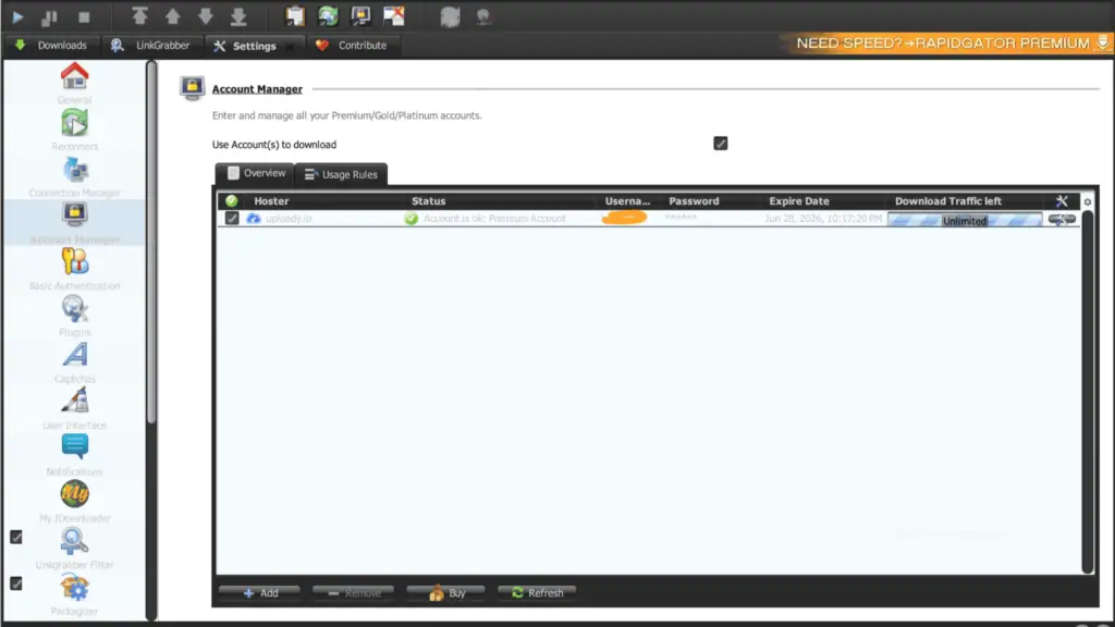 JDownloader 2 dashboard displaying an active Uploady premium account with an unlimited download traffic status.