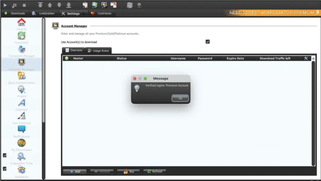 JDownloader 2 dialogue prompt showing a verified premium account login message for Uploady.