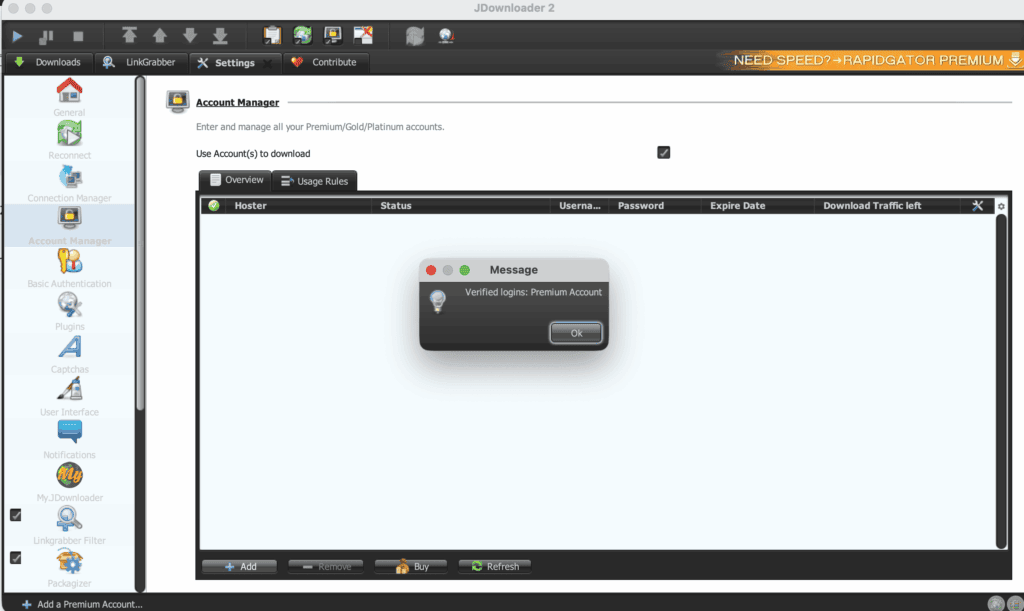 JDownloader 2 system alert box confirming successful verified premium account login.