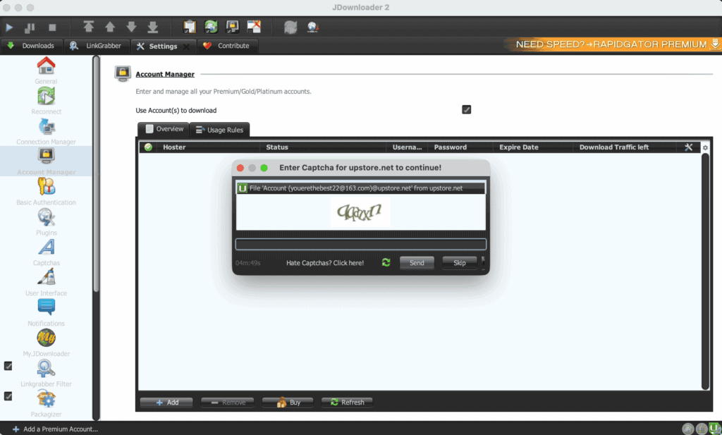 JDownloader 2 hoster authentication window asking for security check inputs.