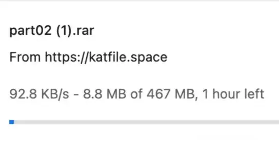 Google Chrome download task showing a part02 archive file pulling from Katfile at 92.8 KB/s.