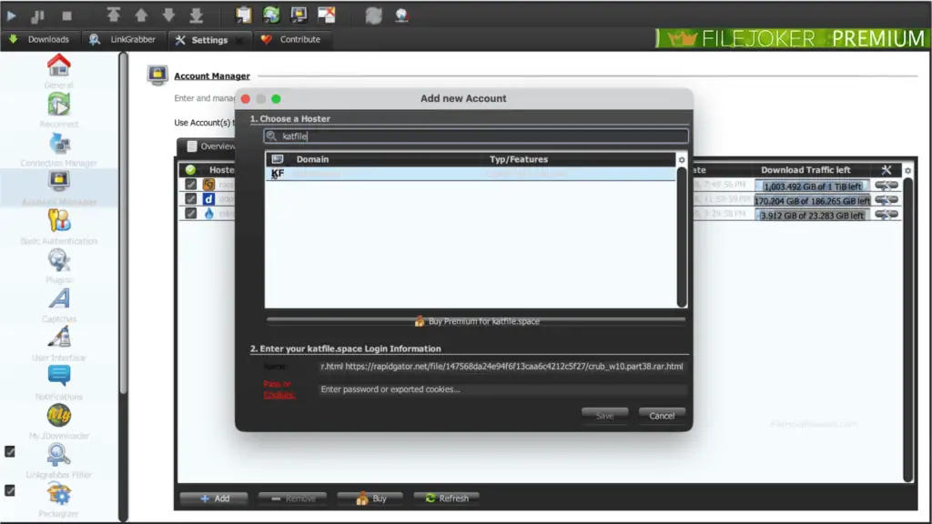 JDownloader 2 Add new Account overlay window showing katfile.space hoster input field.
