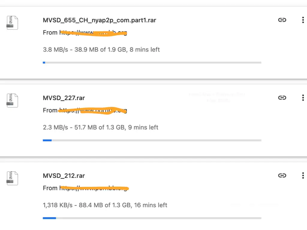 Three simultaneous file downloads from Keep2Share running inside Google Chrome showing split speeds of 3.8 MB/s, 2.3 MB/s, and 1,318 KB/s.