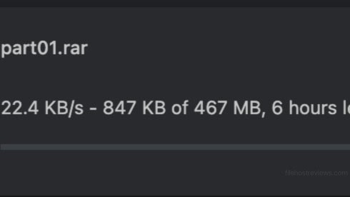 Google Chrome download manager window showing a part01.rar archive file from Keep2Share throttled at 22.4 KB/s with 6 hours remaining.