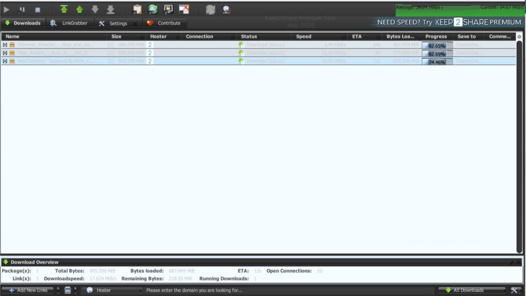 JDownloader 2 download panel running 3 concurrent files from k2s.cc with an aggregate real-time transfer speed of 34.67 MB/s.