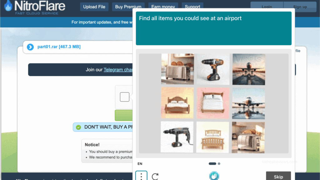 hCaptcha puzzle prompt asking to identify airport items on the Nitroflare free download gateway.