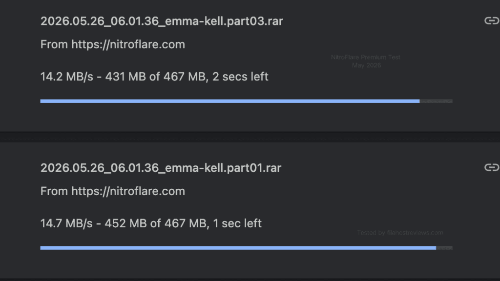 Two concurrent file downloads from Nitroflare in Google Chrome showing simultaneous speeds of 14.2 MB/s and 14.7 MB/s.