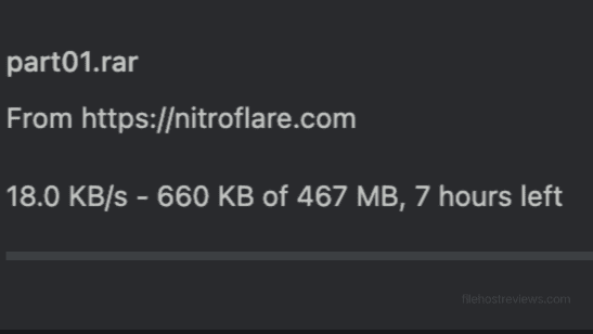 Nitroflare free download speed test in Google Chrome showing heavily throttled download rate.