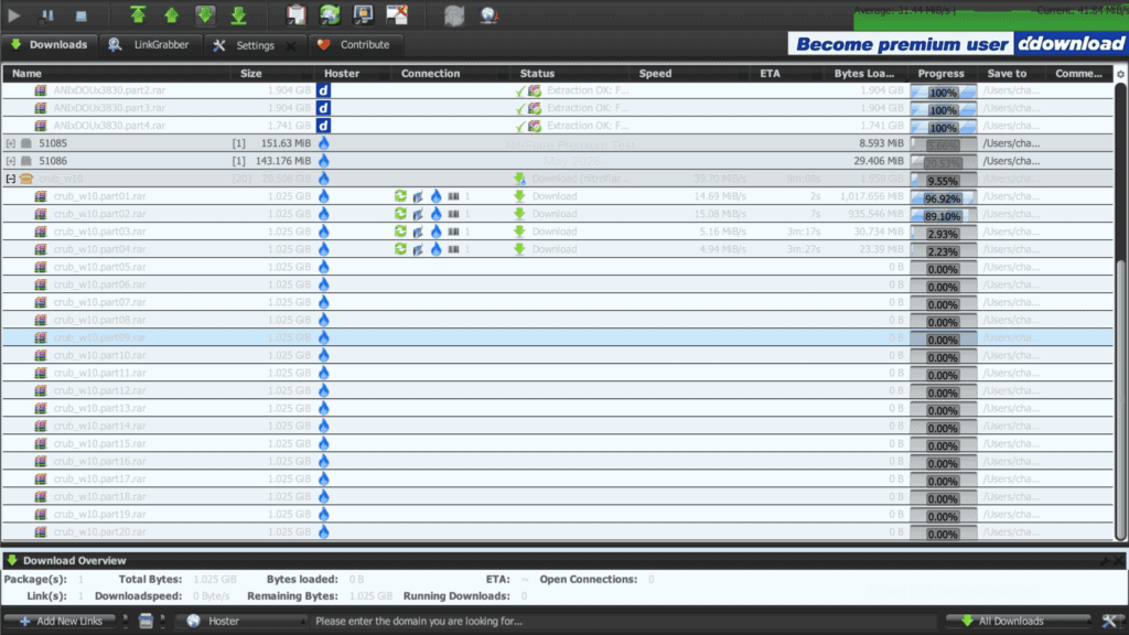 JDownloader 2 transfer queue showing active multi-part RAR archive downloads from Nitroflare peaking at 41.84 MB/s.