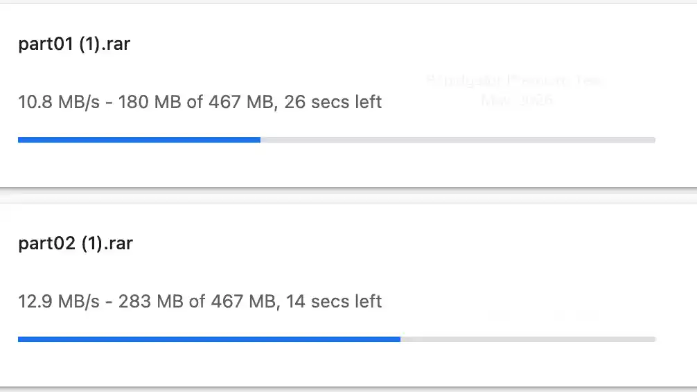Two concurrent file downloads from Rapidgator running in Google Chrome at stable speeds of 10.8 MB/s and 12.9 MB/s.