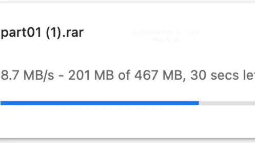 Google Chrome download manager window showing a single active Rapidgator premium stream moving at 8.7 MB/s.
