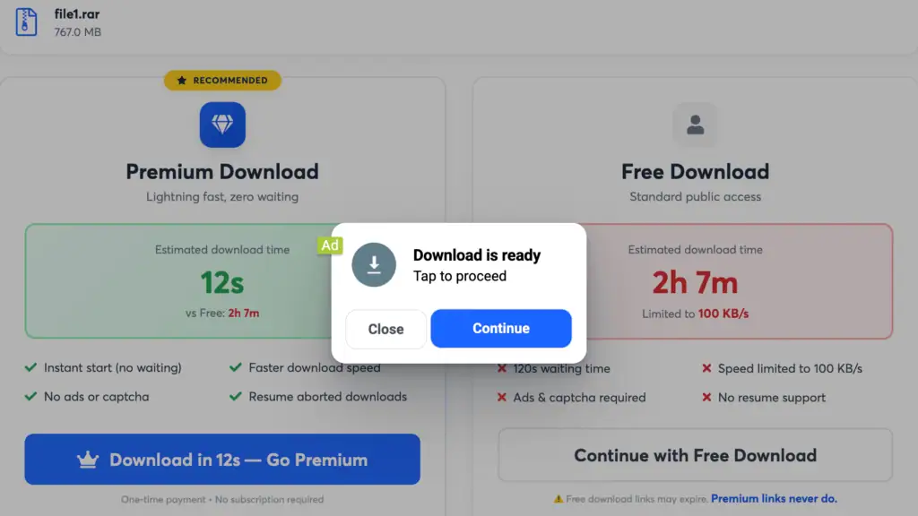 Intrusive advertisement popup overlaying the native Uploady download interface button.