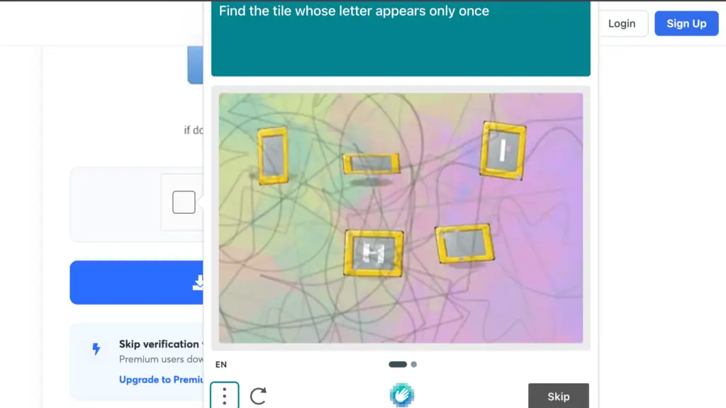 Complex graphical captcha prompt on the Uploady free download confirmation page.