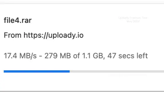 Google Chrome browser single file download manager running an Uploady premium link at 17.4 MB/s.