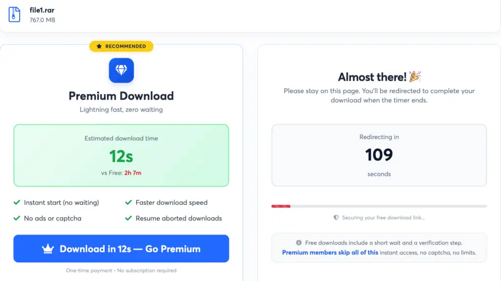 Uploady free download path showing a 120-second countdown gate next to the premium pitch.