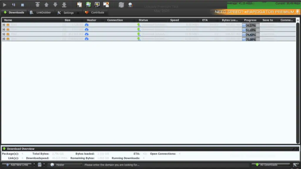 JDownloader 2 download deck pulling four files simultaneously from Uploady at a combined speed of 40.01 MB/s.