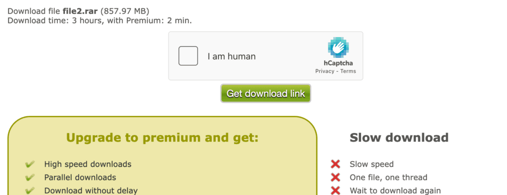 Upstore link generation window showing an incomplete hCaptcha human check field.