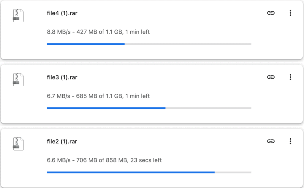 Native Chrome download manager running three parallel premium Upstore files at 8.8 MB/s, 6.7 MB/s, and 6.6 MB/s.