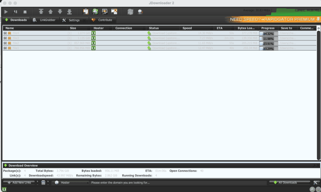 JDownloader 2 main transfer window executing four parallel Upstore downloads at a combined speed of 47.90 MB/s.