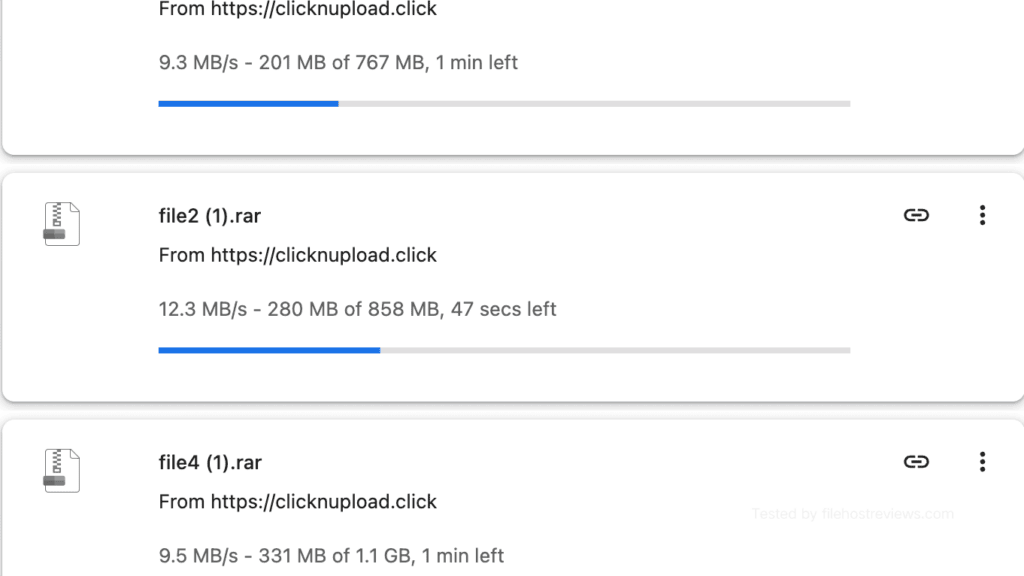 Parallel download windows in Chrome running active premium Clicknupload file links at high speed.