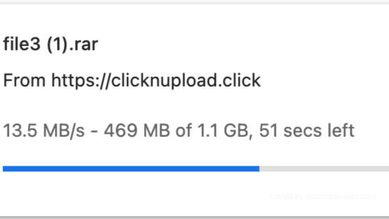 Chrome download history tracking a premium Clicknupload file moving fast at 13.5 MB/s.