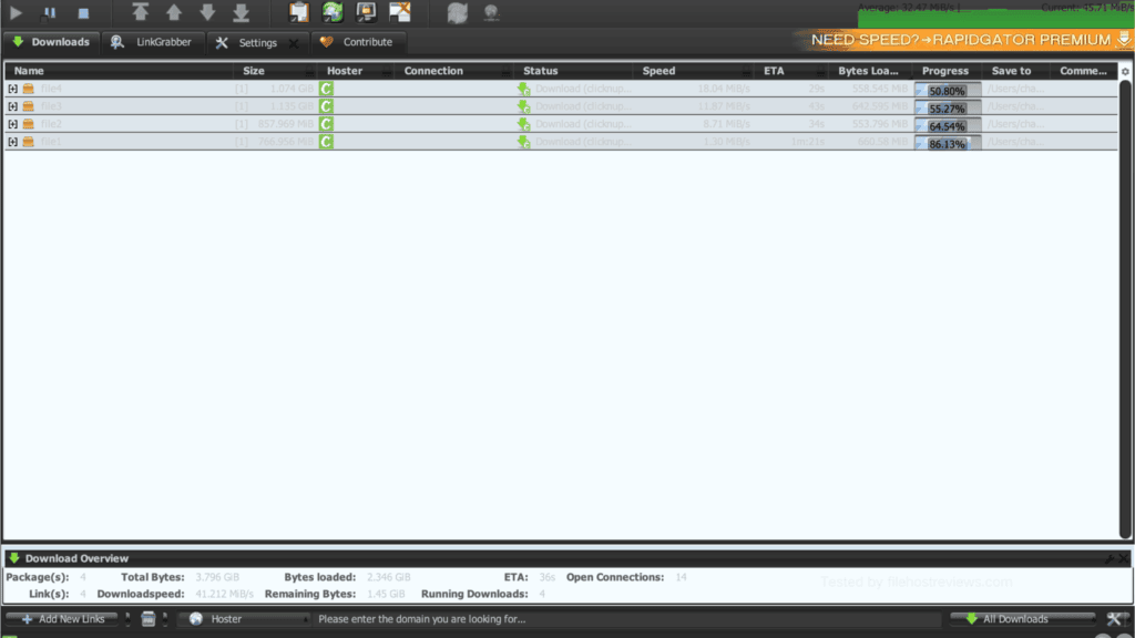 JDownloader 2 queue showing four active Clicknupload downloads with an aggregate download speed of 41.212 MB/s.