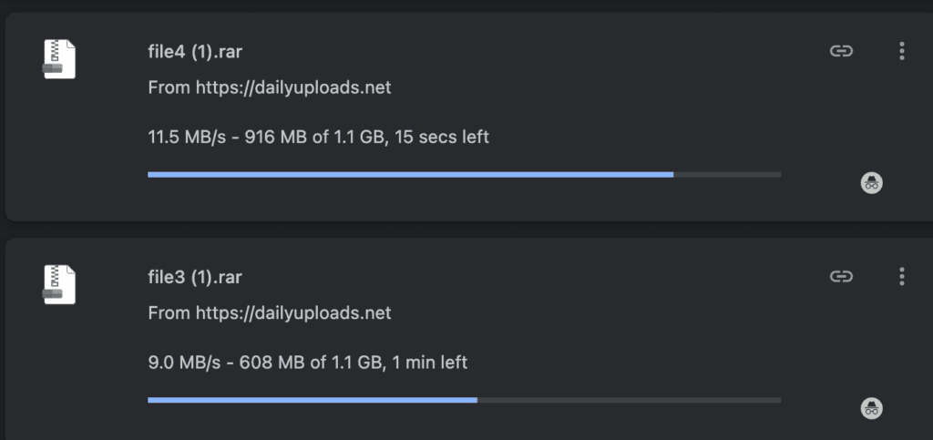 download manager logging two parallel premium DailyUploads files at 11.5 MB/s and 9.0 MB/s.