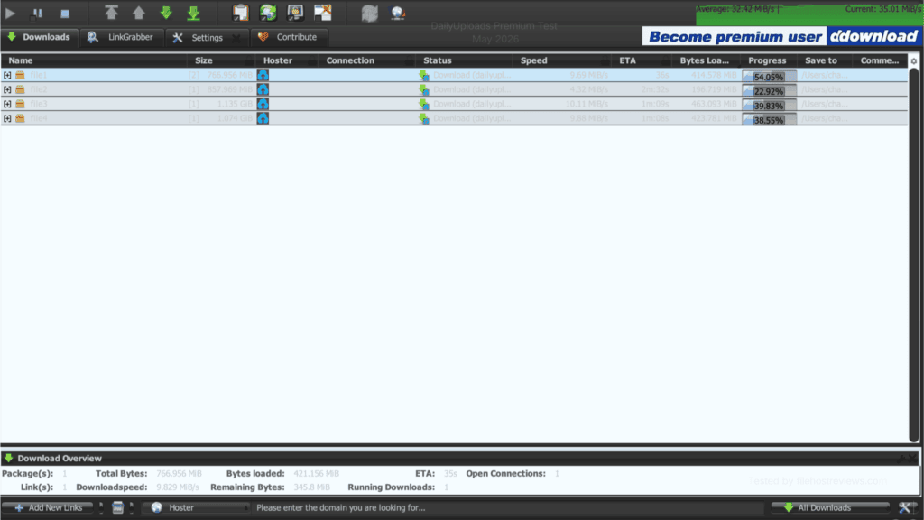 JDownloader 2 download manager running four active DailyUploads premium threads.