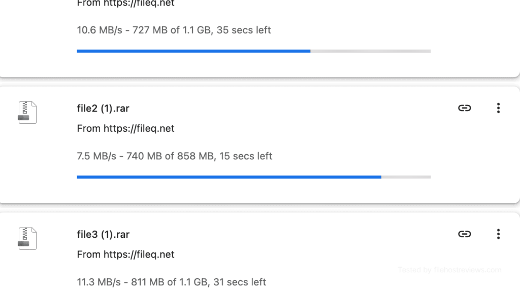 Chrome download history tracking three active parallel premium FileQ streams hitting 27.6 MB/s combined.