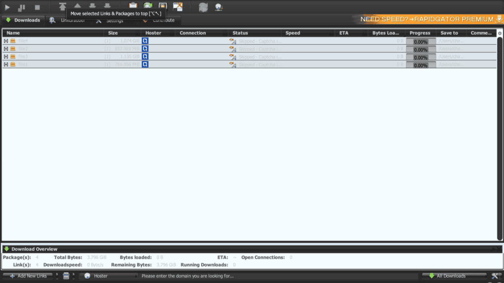 JDownloader 2 queue showing FileQ downloads skipped due to captcha handling.