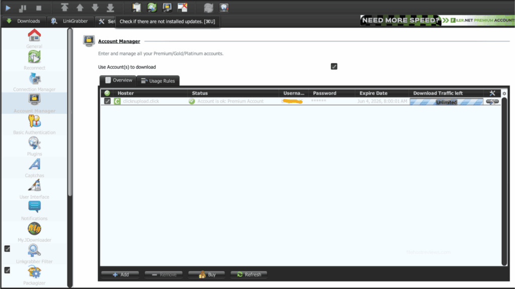 JDownloader 2 account interface showing clicknupload.click status as Account is ok Premium Account.