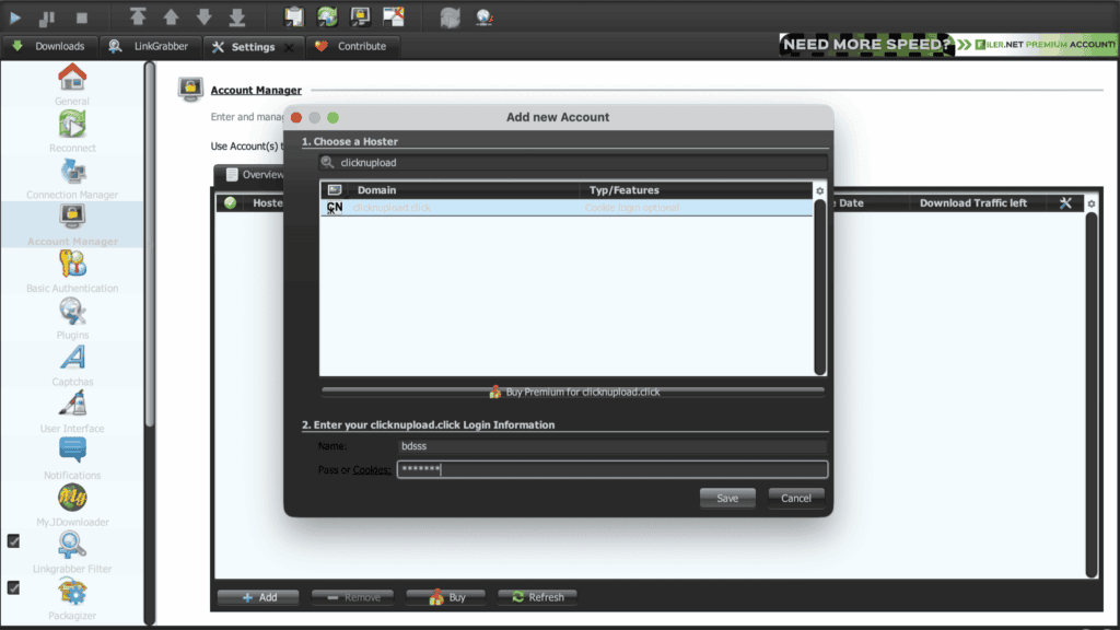JDownloader 2 client modal asking for clicknupload.click login details.
