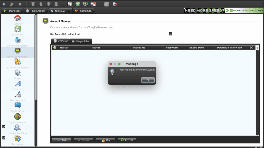 Success message inside JDownloader 2 showing Verified Premium Account for Clicknupload.
