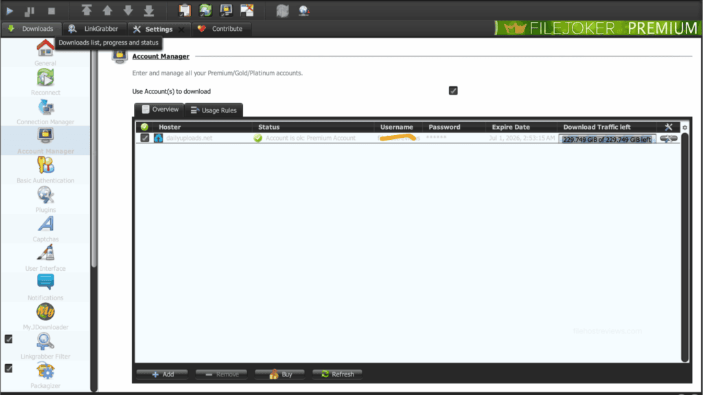 JDownloader 2 account status manager logging 229.749 GiB of remaining premium traffic.