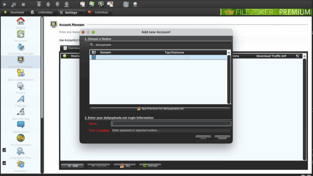 JDownloader 2 hoser database entry window for dailyuploads.net profile binding.