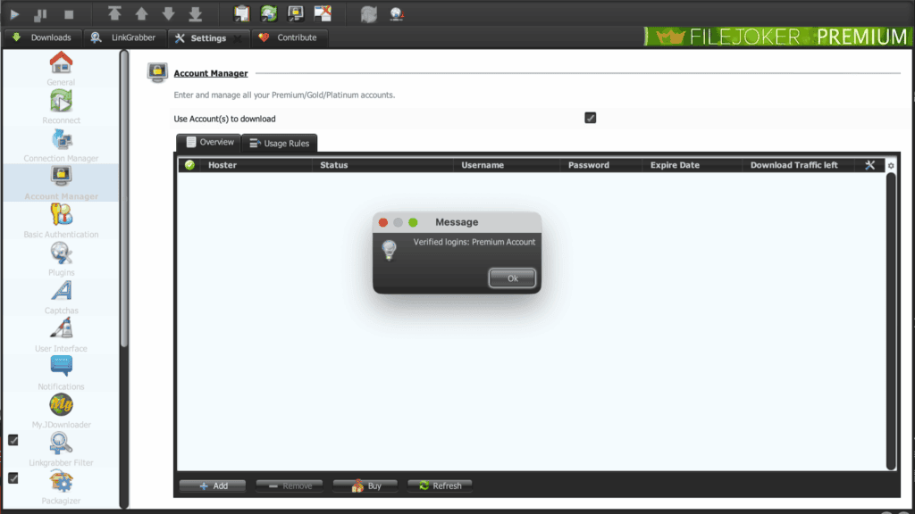 JDownloader 2 alert box confirming a verified premium account status check.