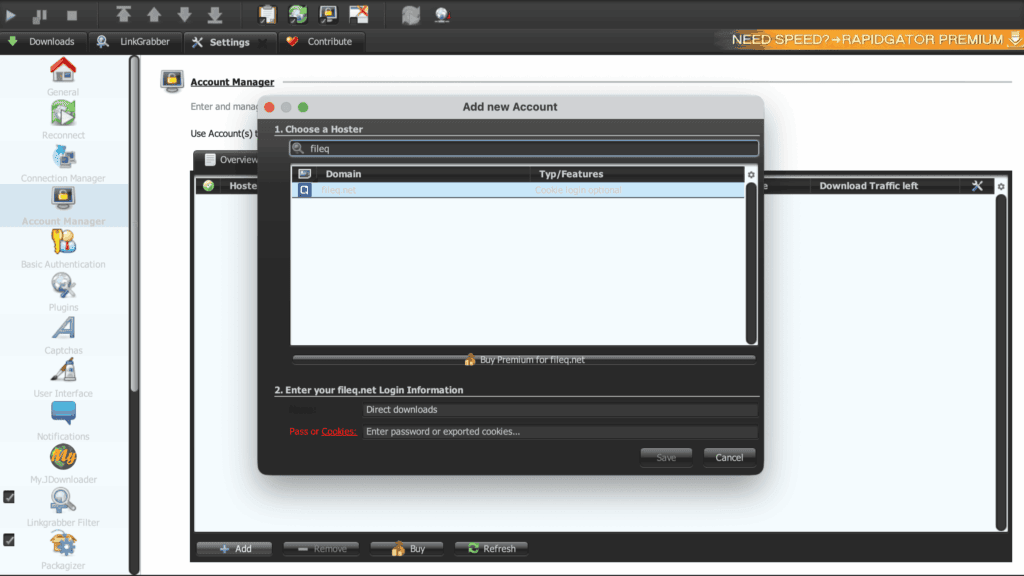 JDownloader 2 account creation modal inputting fileq.net profile access details.