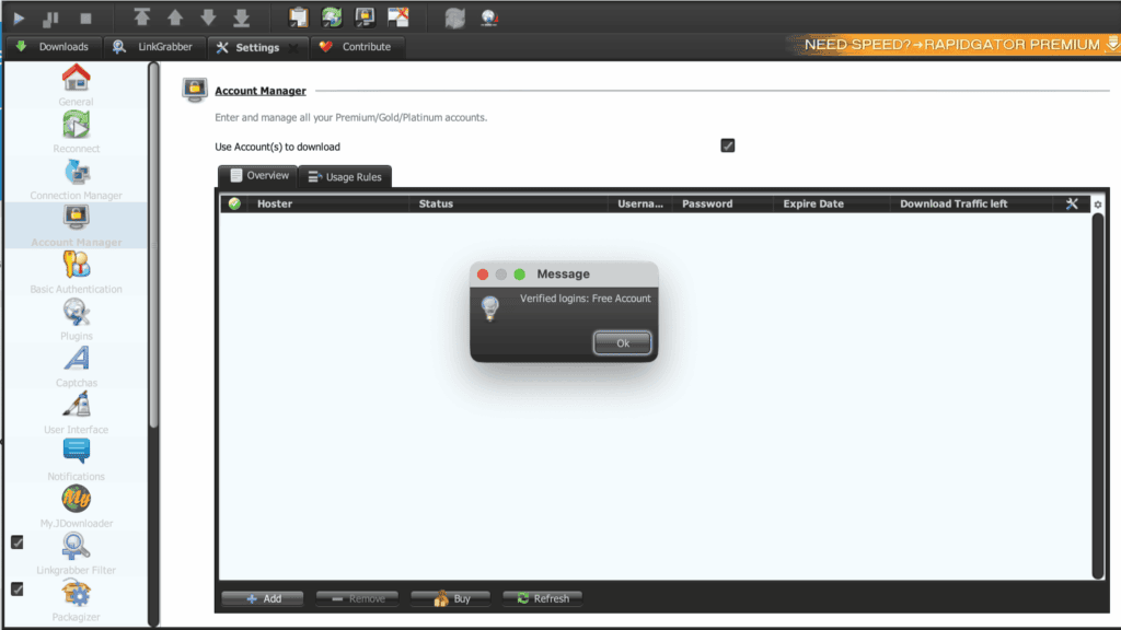 JDownloader 2 prompt log displaying Verified logins: Free Account notification.