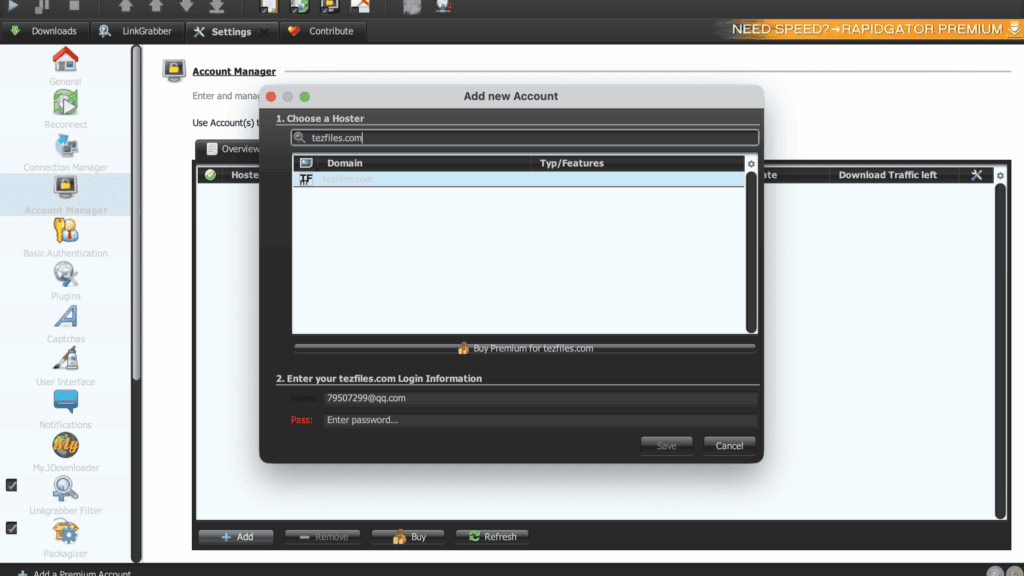 JDownloader 2 account manager setup dialog interface showing credentials entry for tezfiles.com.