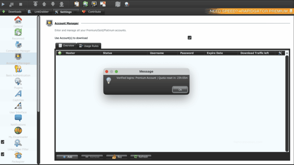JDownloader 2 modal window popup confirming verified logins for TezFiles premium account.