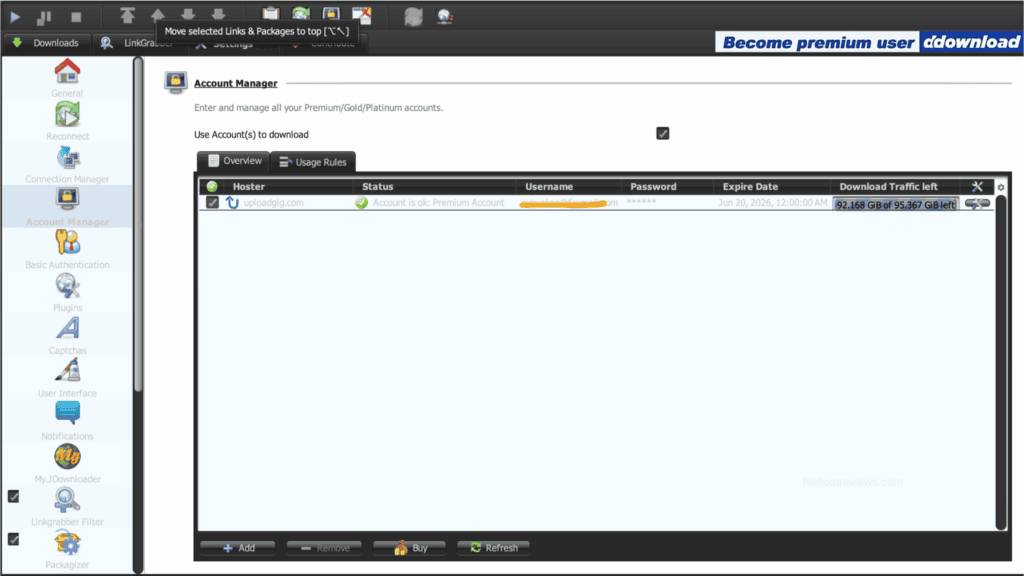 JDownloader 2 credentials dashboard logging a fully validated active premium subscription profile.