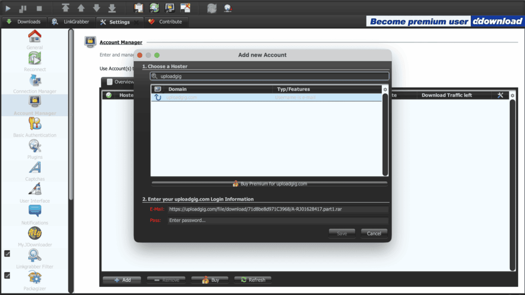 JDownloader 2 premium account setup menu interface showing host matching for uploadgig.com.