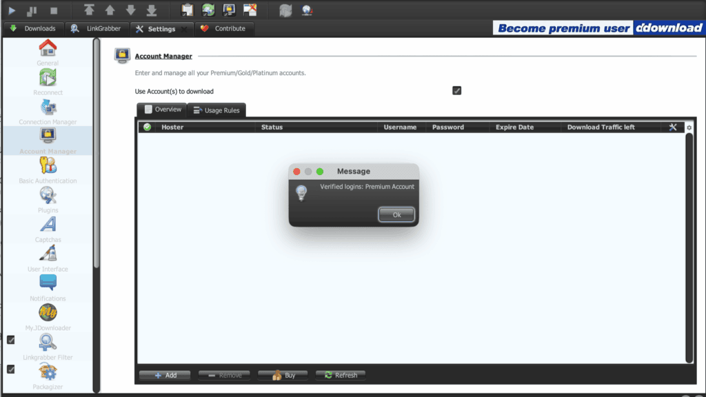 JDownloader 2 confirmation popup confirming active premium account verification.