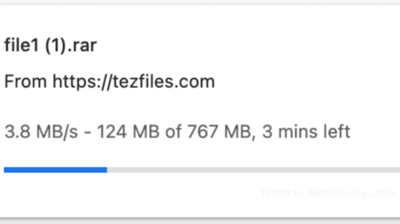 Google Chrome download history recording a single premium TezFiles archive transfer running at 3.8 MB/s.