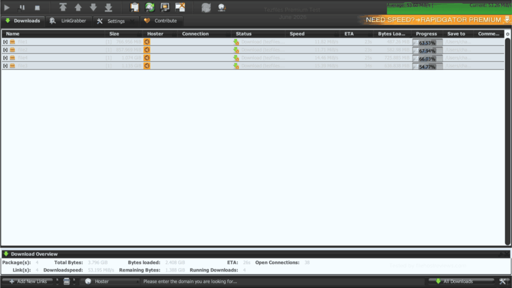JDownloader 2 active download graph processing concurrent files with total aggregate throughput at 53.157 MB/s.