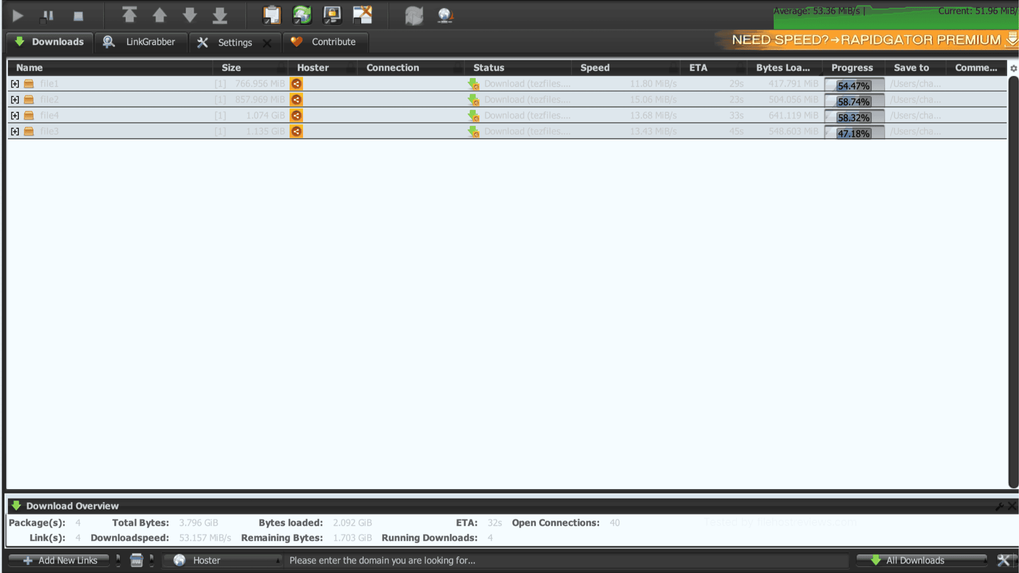 JDownloader 2 main dashboard displaying four active parallel TezFiles premium downloads transferring at 11-15 MB/s per file.