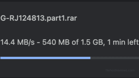 Browser download history capturing a solo premium Uploadgig file transfer running at 14.4 MB/s.