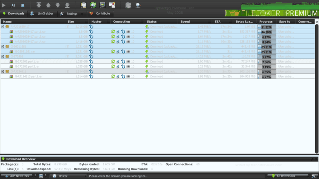 JDownloader 2 active downloads board processing six concurrent files at 52.338 MB/s total.