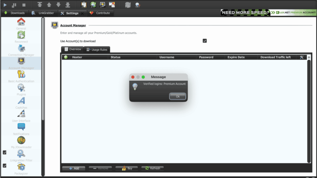 JDownloader 2 confirmation message verifying the Clicknupload premium account login.